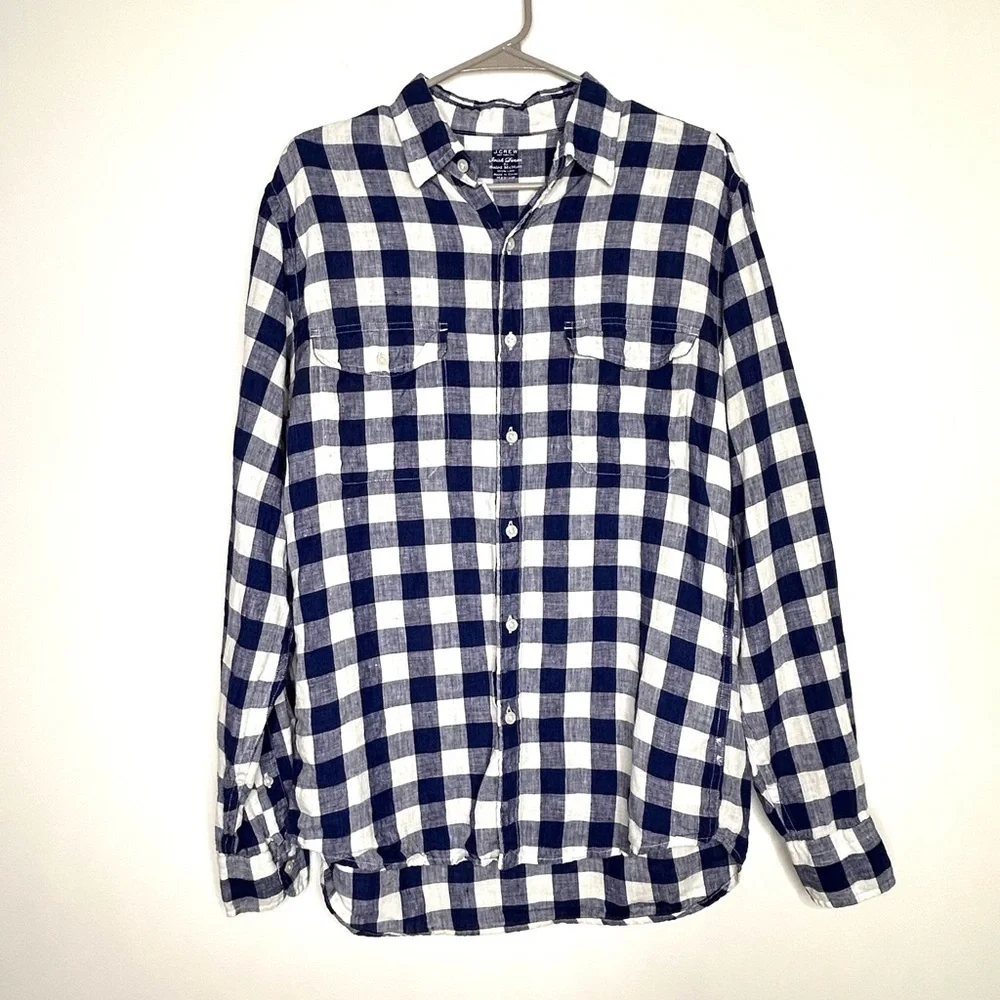 J. Crew Baird McNutt Irish Linen Shirt Sz M Buffalo Plaid Beach Coastal Resort